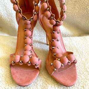 LILIANA PINK T-STRAP POM POM HEELS